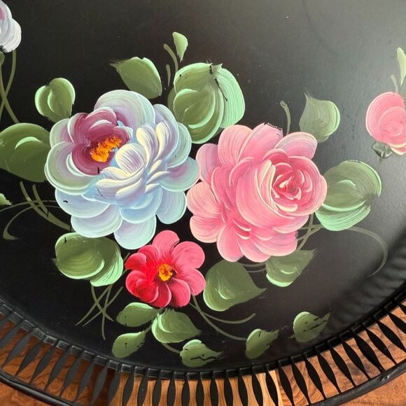 Vintage Toleware Tray Handled Reticulated Fine Arts Studio Hand-Painted Floral - Picture 2 of 8
